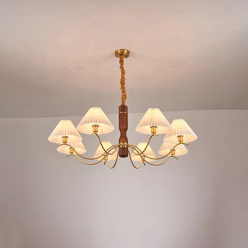 American retro walnut wood wall lamp with fabric shade and copper detailing