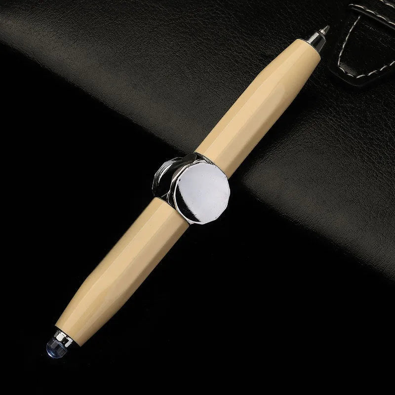 Metal gyro ballpoint pen with LED spinner, shown in multiple refill colour options.