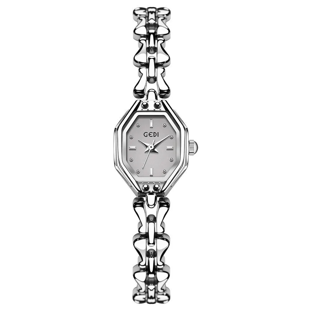 Luxury retro octagonal women's quartz watch with alloy strap and barrel-shaped dial, mineral glass mirror, steel gold white colour