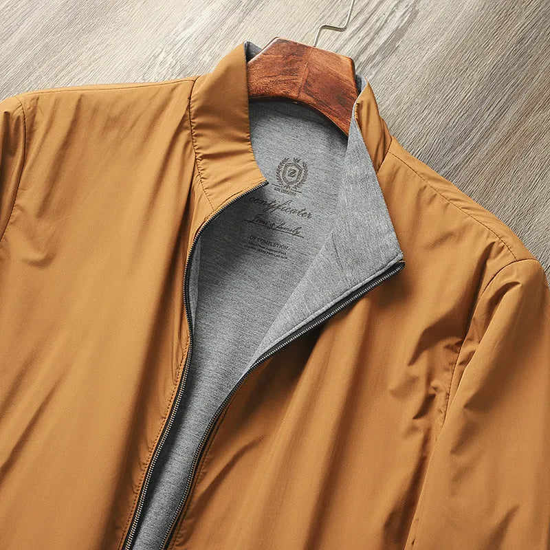 Men's stand collar casual jacket in army green with a simple design and regular sleeves.