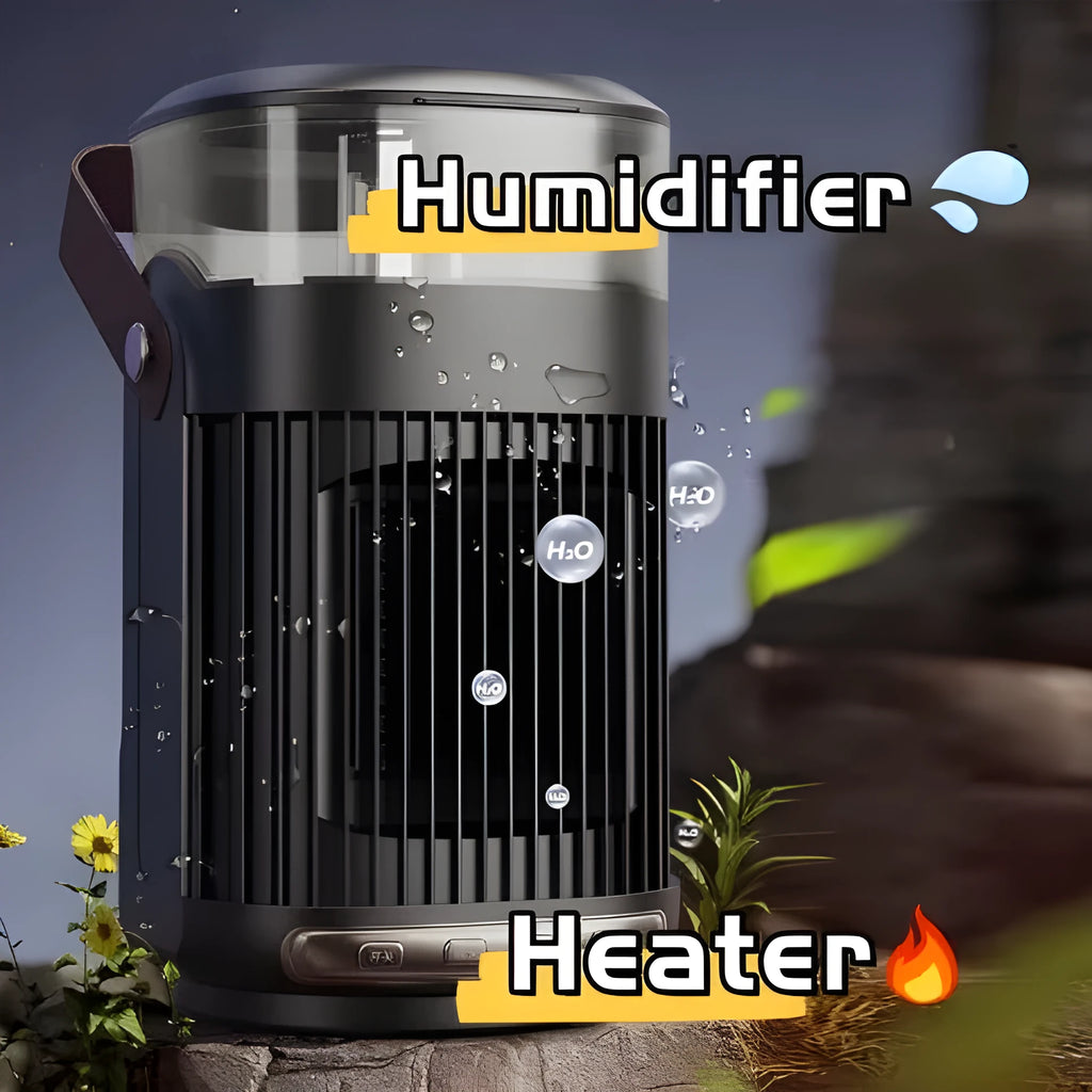 Black compact portable ceramic heater with humidifier unit on a table.