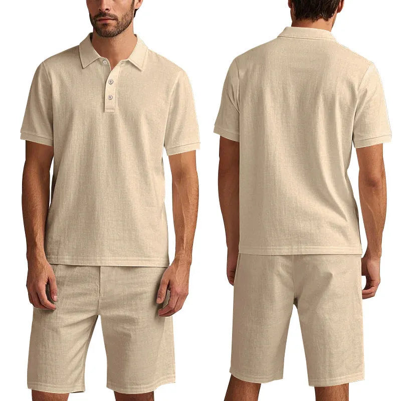 Men's light beige linen blend short sleeve top and shorts set on a hanger, summer casual outfit.