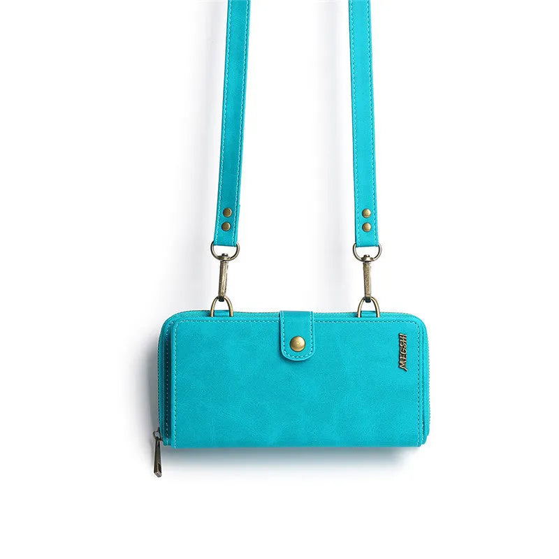 Detachable wallet style phone case with leather flip cover in black, blue, brown, or red colours
