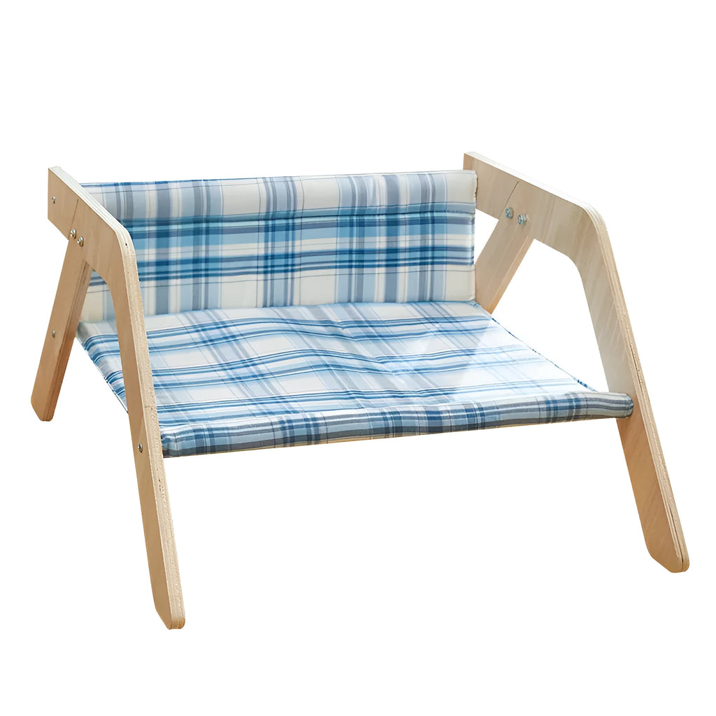 Wooden frame elevated cat hammock bed with cloth cover in blue colour
