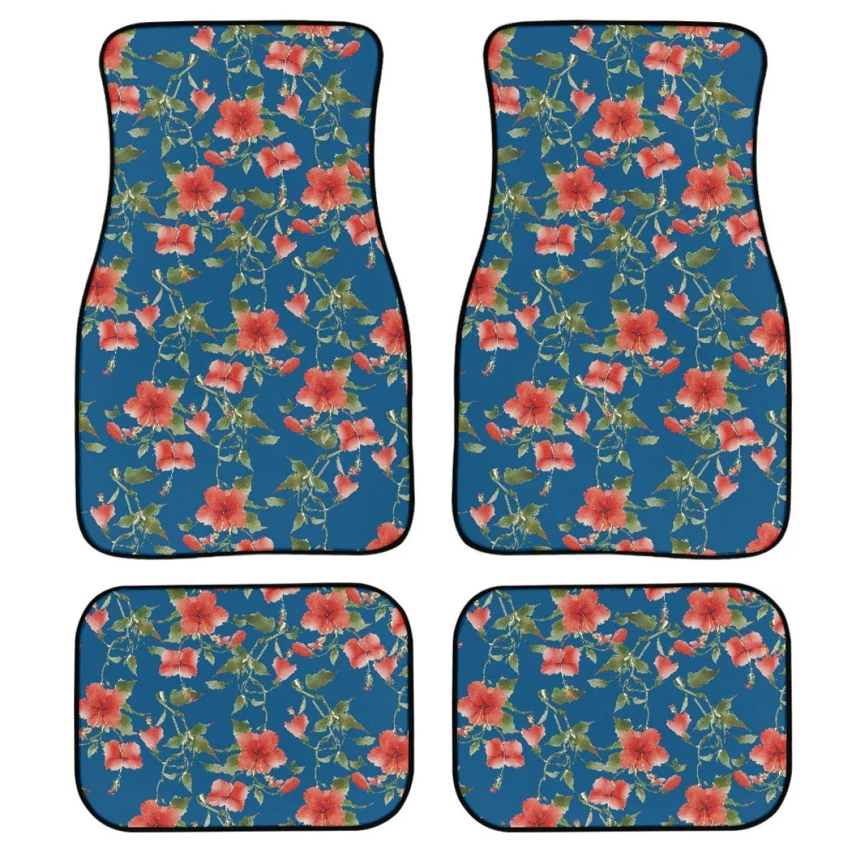 Four-piece set of black printed rubber car floor mats with a 20mm thickness and waterproof lining.
