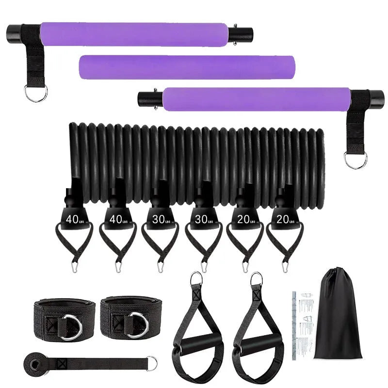 Women's 11-piece TPE resistance stick set in pink, purple, black with 60-180 lbs tension levels