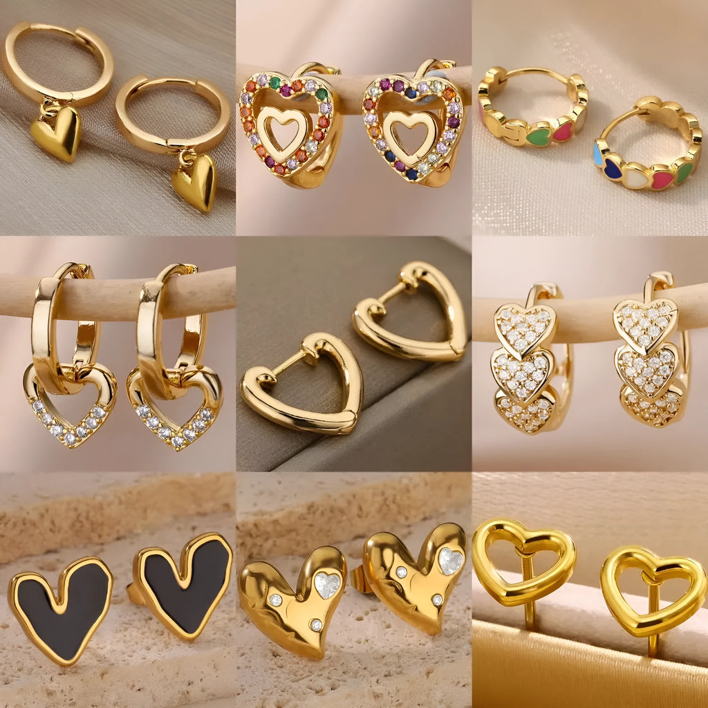 Gold-plated heart-shaped stud earrings with zircon stones on stainless steel ear clips