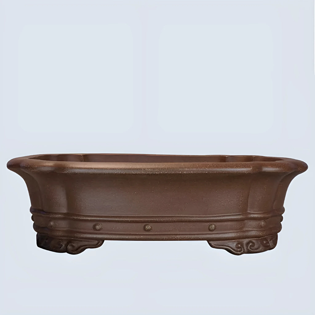 Purple clay rectangular handmade flower pot with antique begonia design for desktop plants