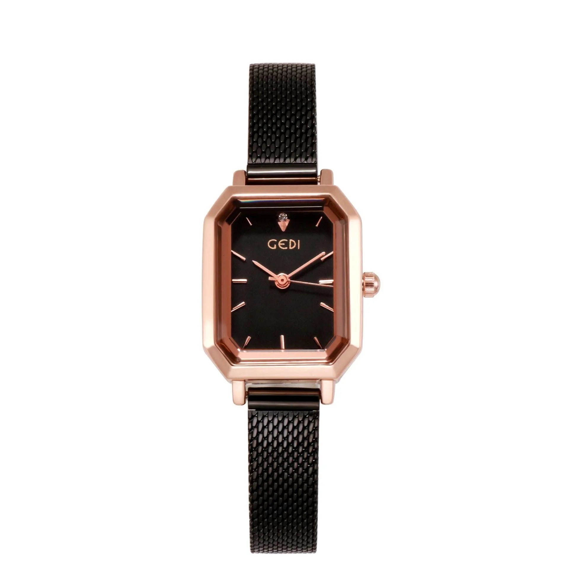 Women's casual retro square watch with rose gold shell and black dial on black strap