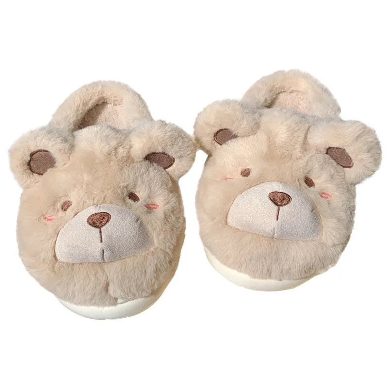 Cartoon cute plush slippers for women in khaki colour with a suede upper and round toe.