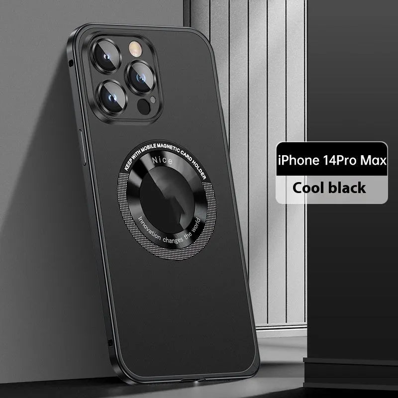 Metal phone case with spring fastener and frosted finish in black for iPhone 14