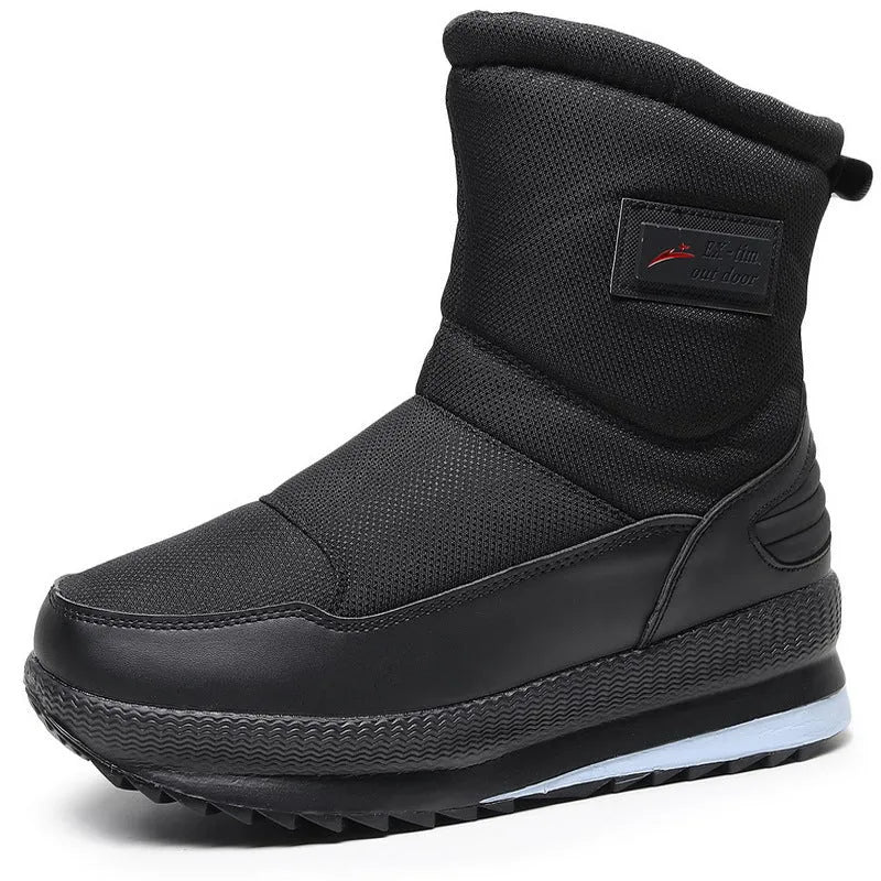 Men's waterproof snow boots with fleece lining, canvas upper, side zipper, and mid heel in multiple winter colours