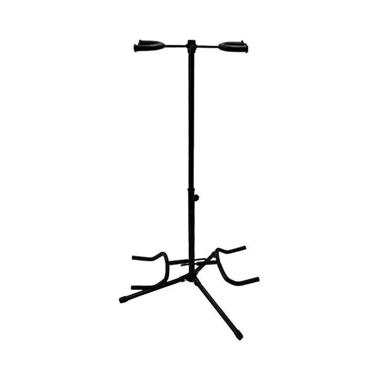 Vertical black iron double-headed adjustable guitar stand holding two guitars