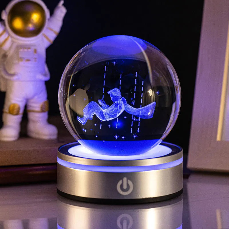 Creative 3D inner carving luminous crystal ball night lamp with colourful gradient and round touch base, 8cm, white crystal