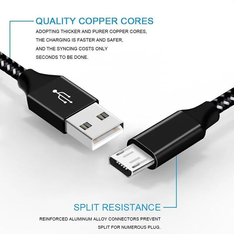 Braided nylon Micro USB charging cable for Android phones in black and white colour.