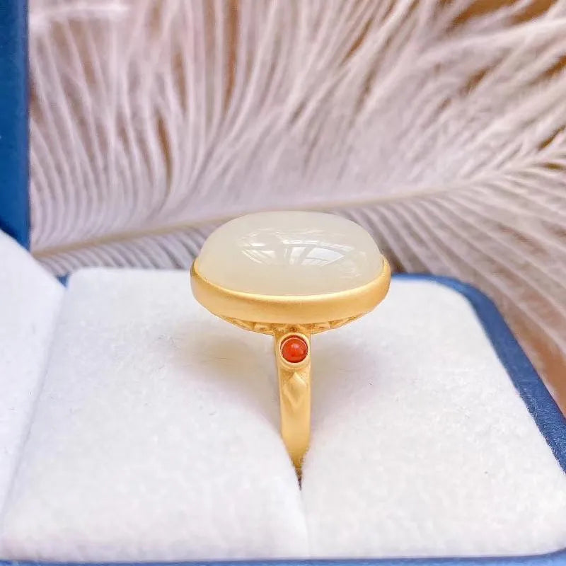 Women's copper open ring with white electroplating, gilding, and inlaid Hetian jade in national style