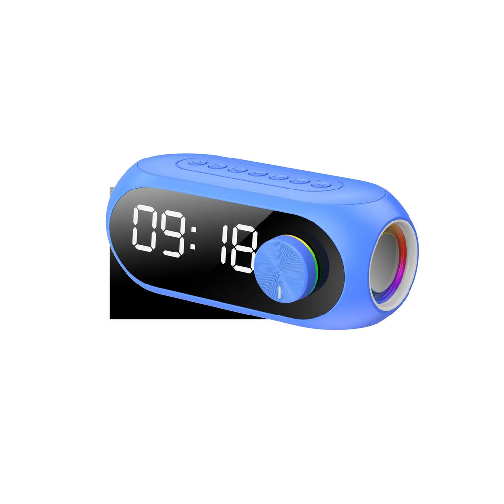 Mini Bluetooth speaker with digital clock display in black, blue or white colours showing extra bass feature