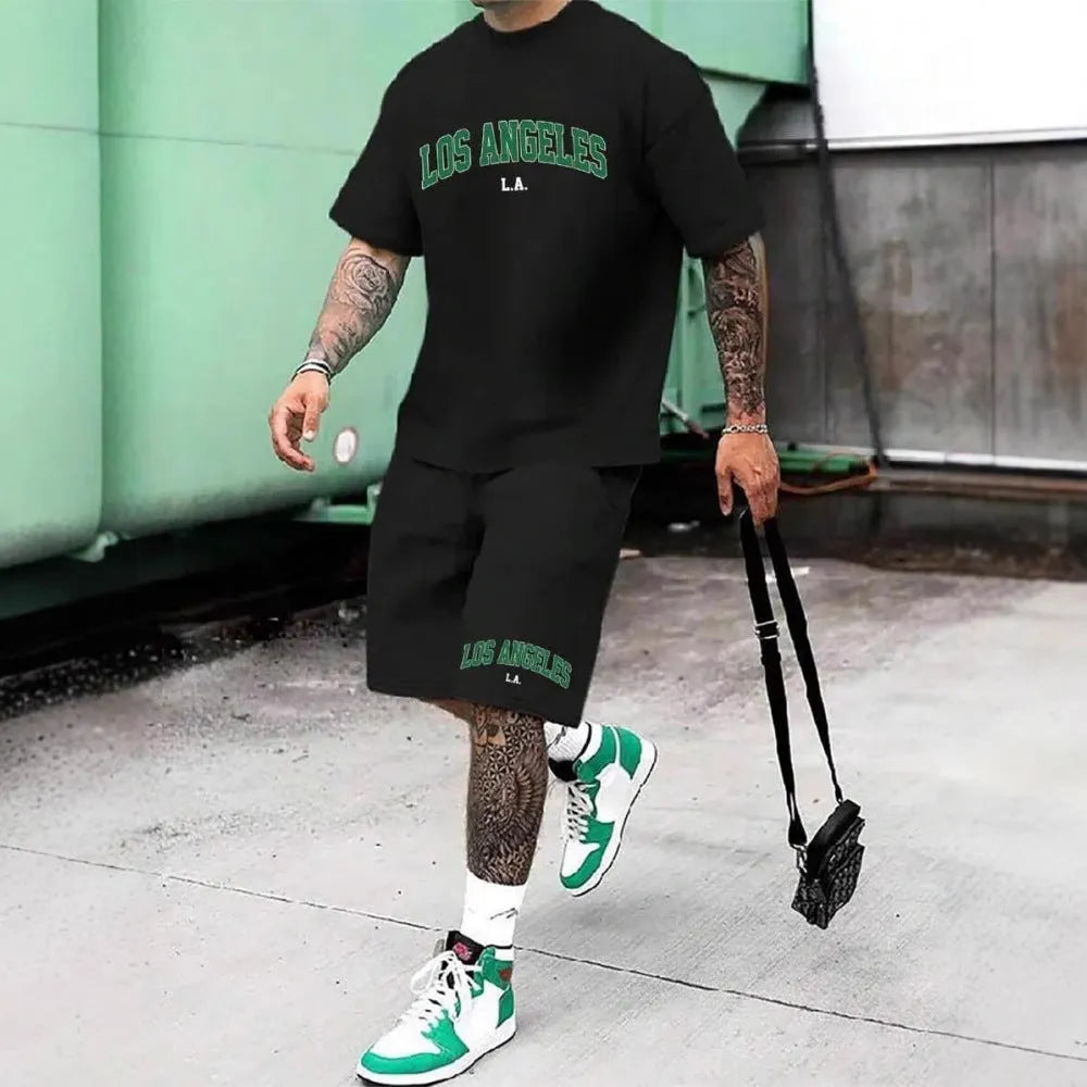 Men's 3D printed letter pattern sportswear two-piece set with short sleeves and shorts