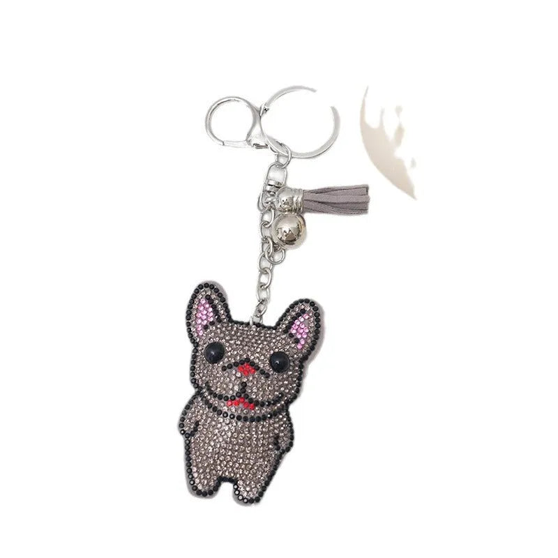French dog rhinestone keychain with cartoon animal charm on electroplated alloy, 5-7cm size