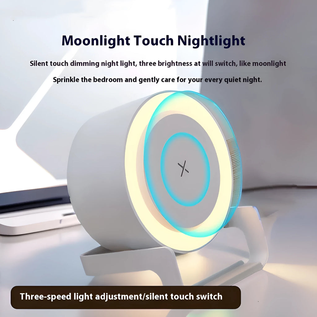 Multi-function wireless charger Bluetooth speaker night light phone holder in white, straw, and black colours, 137.5x170x92mm
