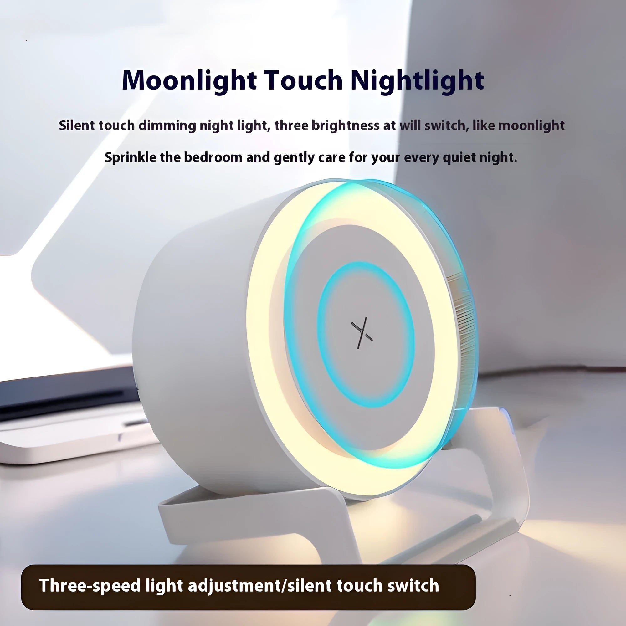 Multi-function wireless charger Bluetooth speaker night light phone holder in white, straw, and black colours, 137.5x170x92mm