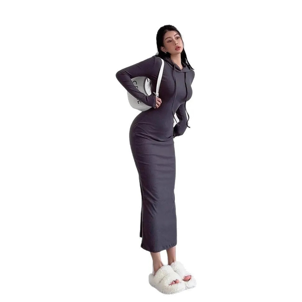 Women's grey hooded sleeve sheath dress with over-the-knee length and high waist design