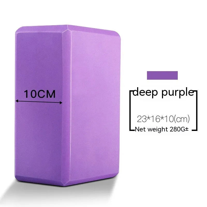 A high-density EVA yoga block in a choice of solid colours or printed designs, measuring 23cm by 15cm.