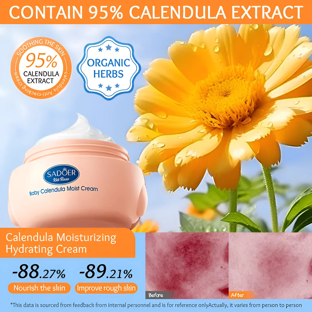 English Marigold Children's Moisturizing Facial Cream 50g in a white pot with green label