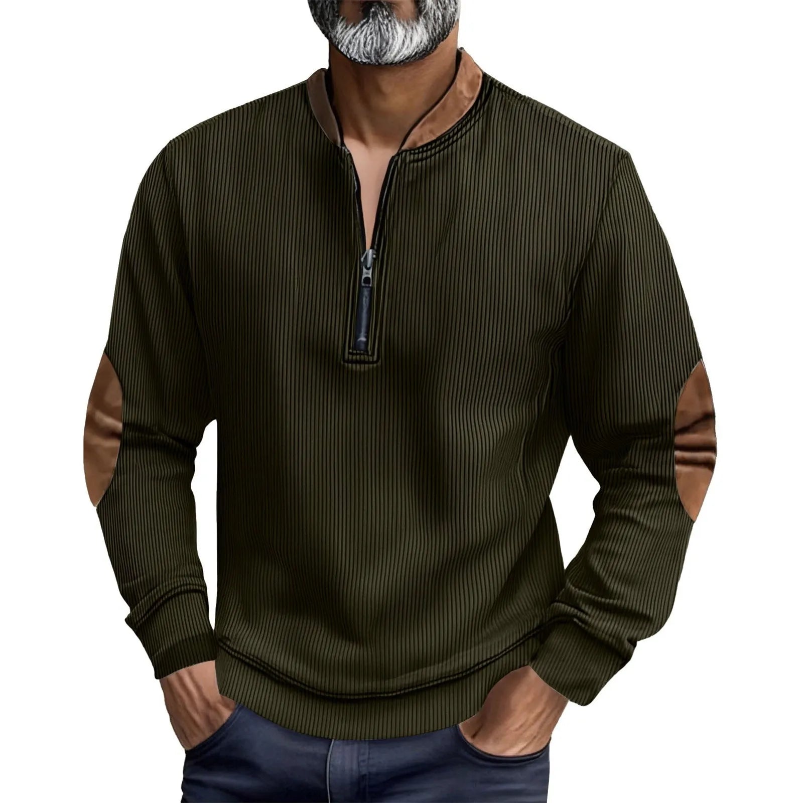 Men's casual corduroy pullover zip-up jacket shirt in khaki, no hood, long sleeves, front view