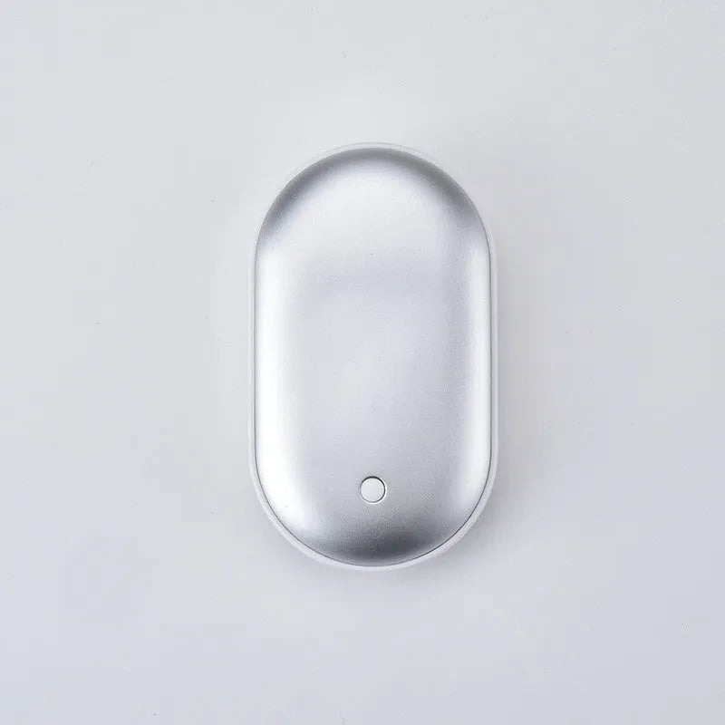 Rechargeable mini hand warmer and power bank device showing compact design with USB port and digital display