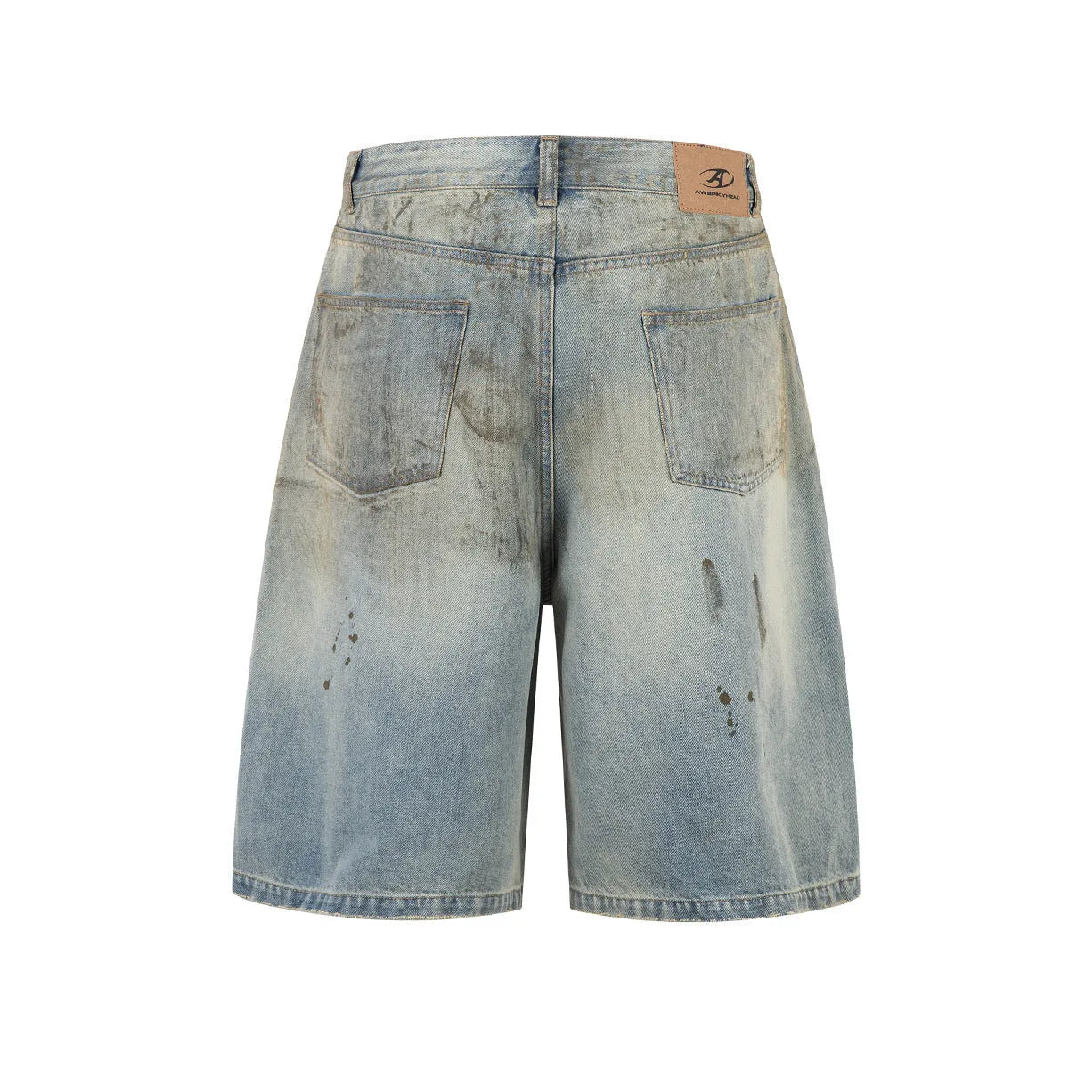 A pair of washed blue, cropped, straight-leg denim trousers on a plain background.