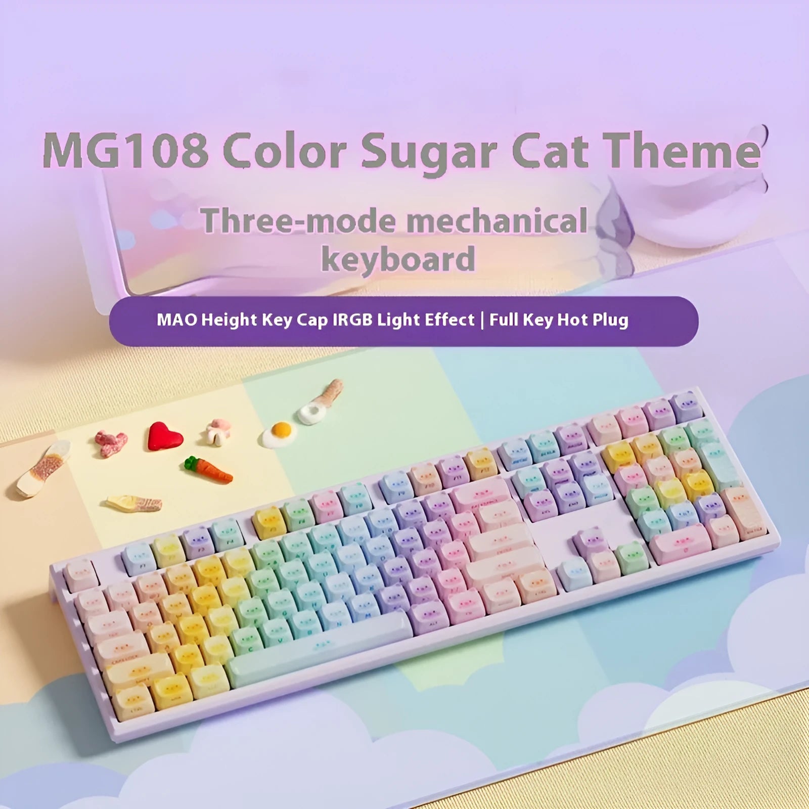 Coloured sugar cat themed mechanical keyboard with Bluetooth connectivity in MG108B colour