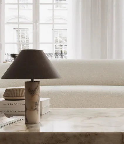 Black marble modern table lamp on a wooden surface with EU and US plug options.