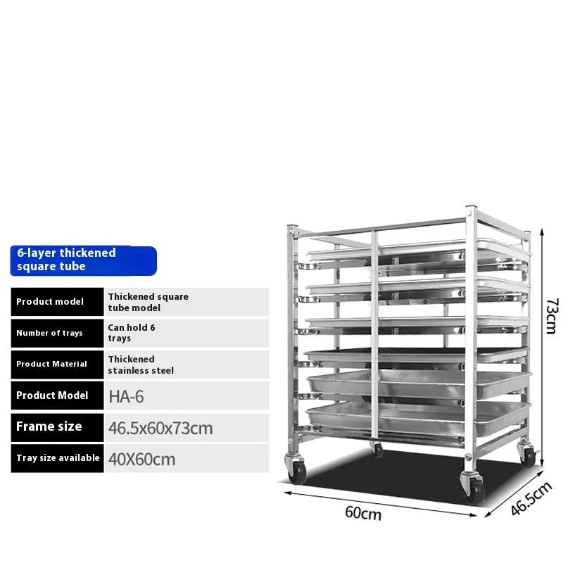 Stainless steel six-layer cake and bread cooling rack with a 40x60cm tray.