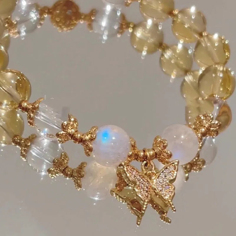 Women's moonstone white crystal beaded bracelet with Chinese style design and citrine butterfly pendant