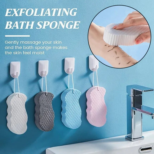 3D fish scale pattern bath sponge ball in white, grey, pink, or light blue colour.