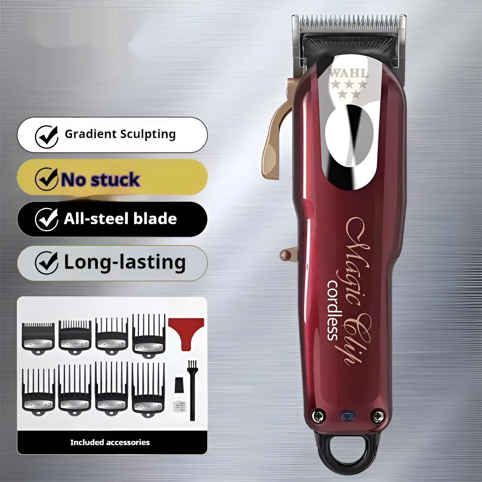 Hair clippers set with stainless steel cutter head showing EU UK US plug compatibility for adult and child use