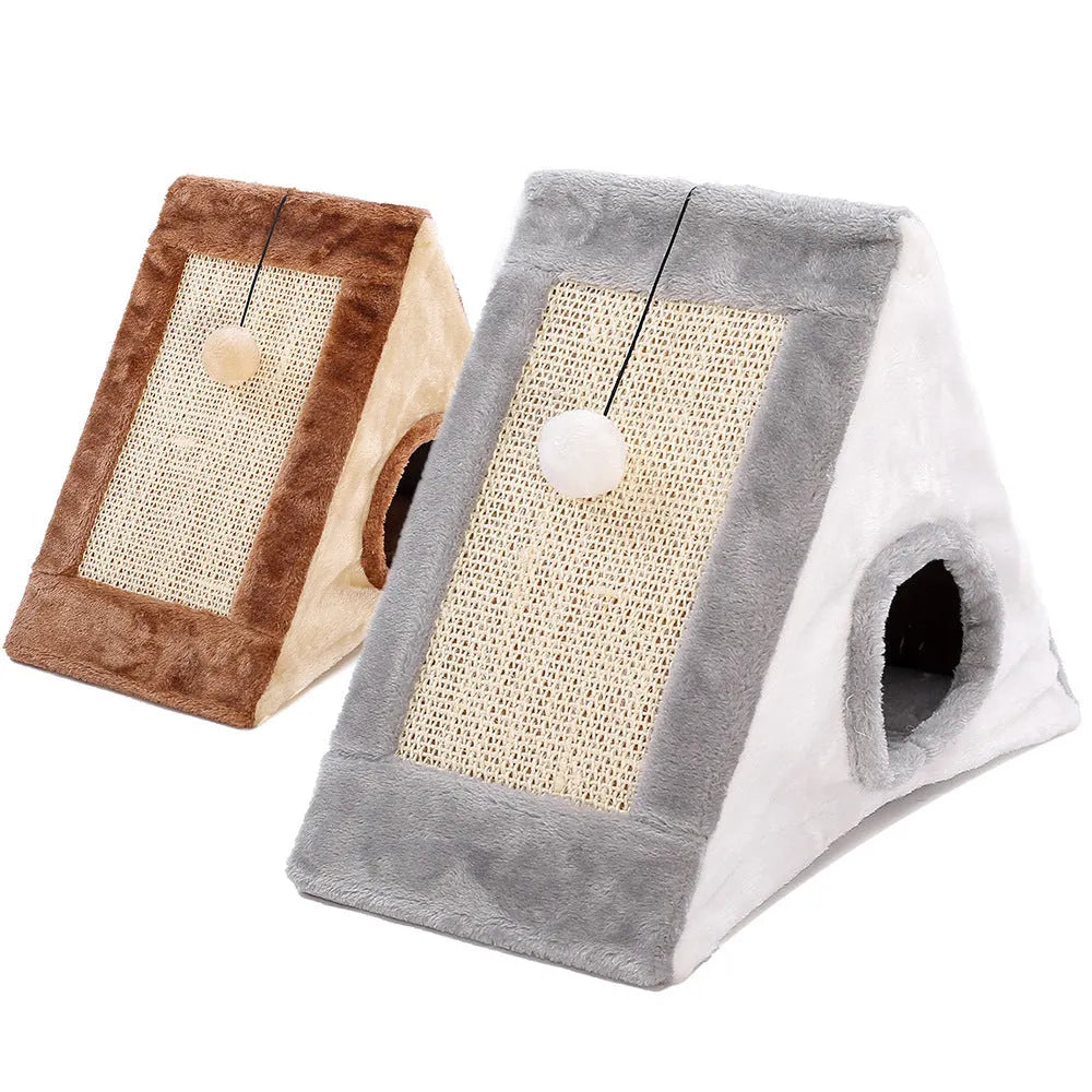 Triangular cat bed with integrated sisal scratching posts in grey and white colour