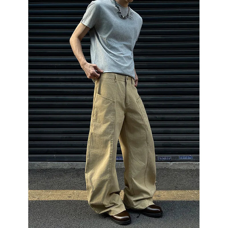 Men's khaki straight-leg casual cotton trousers on a white background.