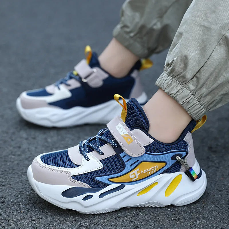 Boys dark blue and black Velcro sports running shoes with a breathable mesh upper
