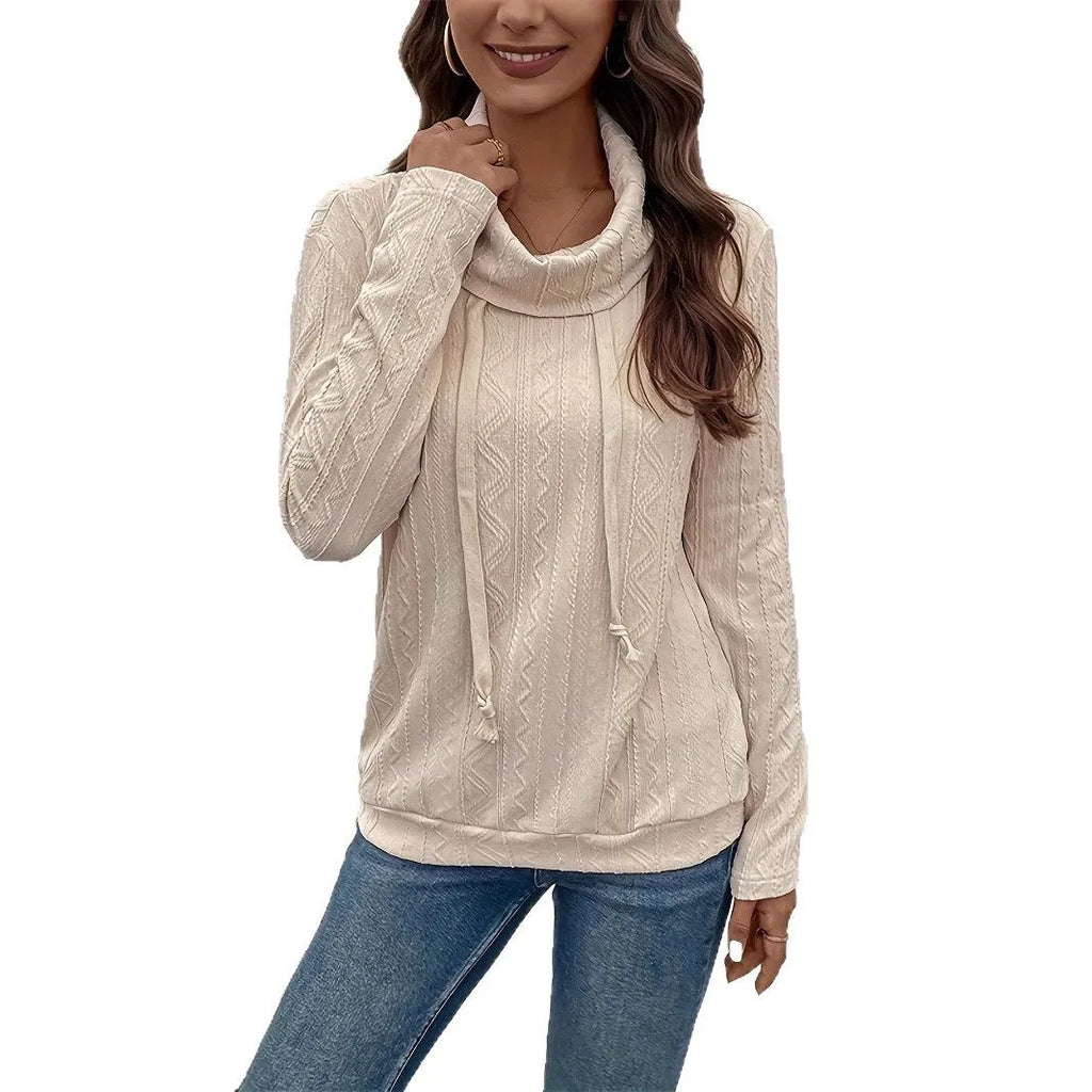 Apricot coloured women's hooded pullover sweater with long sleeves and a front drawstring.