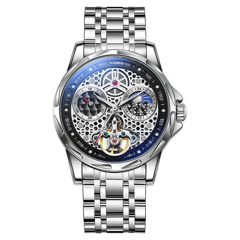 Men's black and white automatic waterproof business watch with steel or leather strap