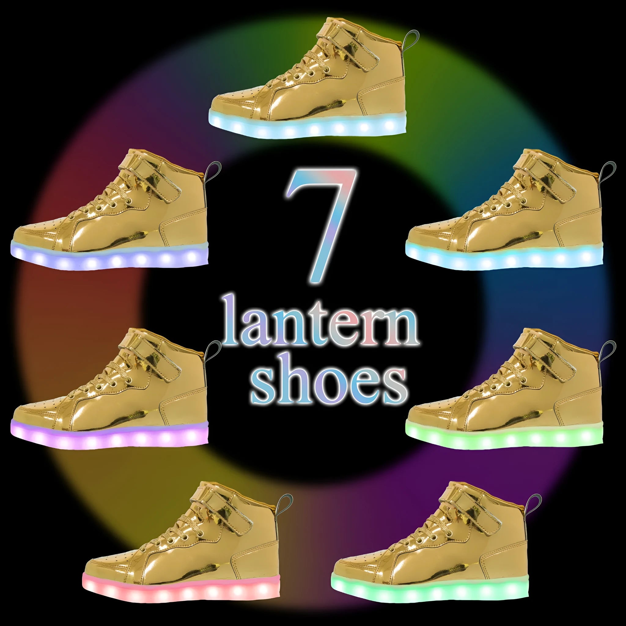 LED high-top light shoes with Velcro closure showing illuminated sole and available colour options