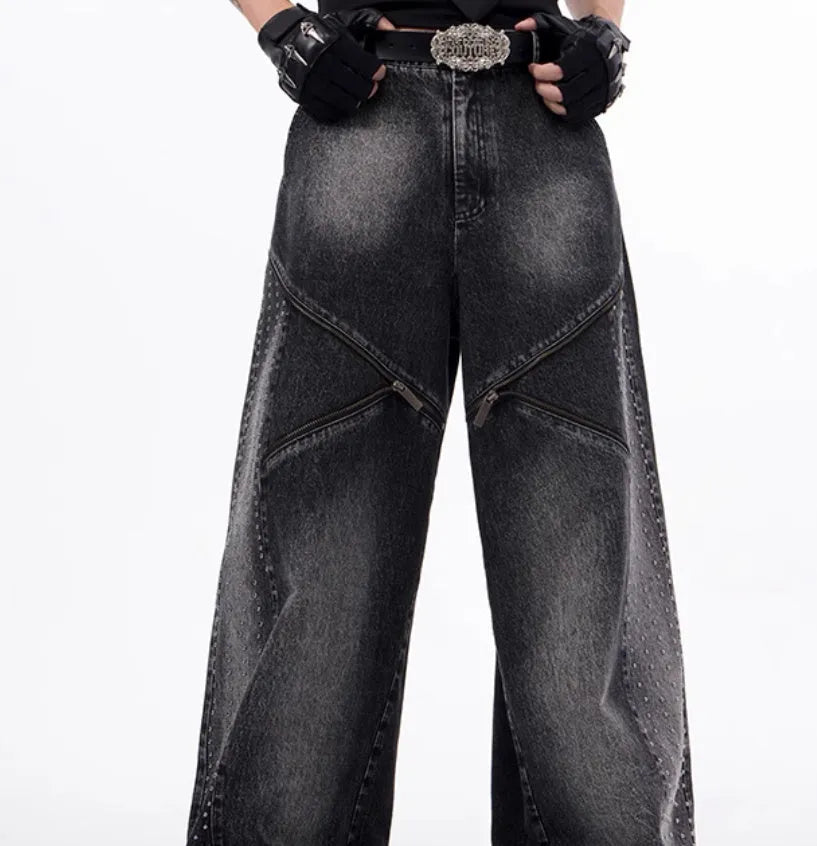 Wide leg cotton denim pants with structure zipper and worn finish in black and grey Korean style