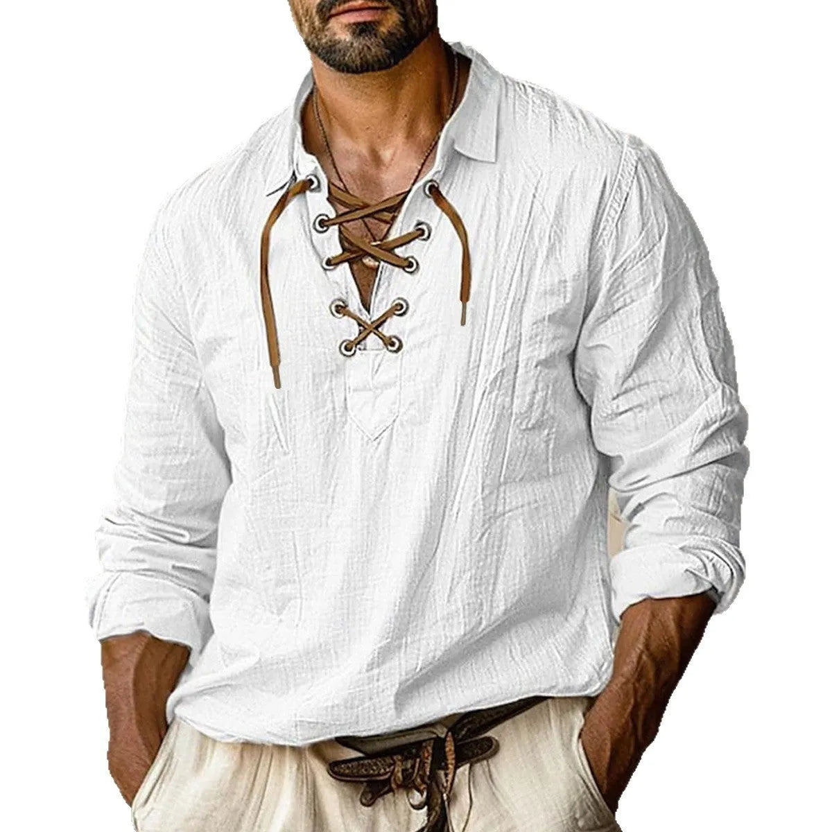 Men's loose fit plus size shirt with lapels and lace detailing in a linen blend fabric.