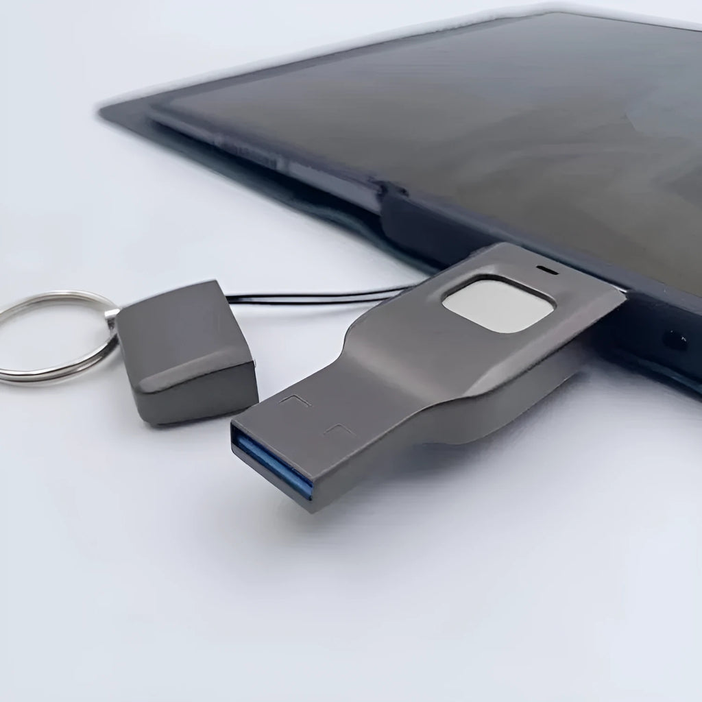 Black fingerprint USB flash drive with metal shell showing USB 3.0 and Type-C interfaces