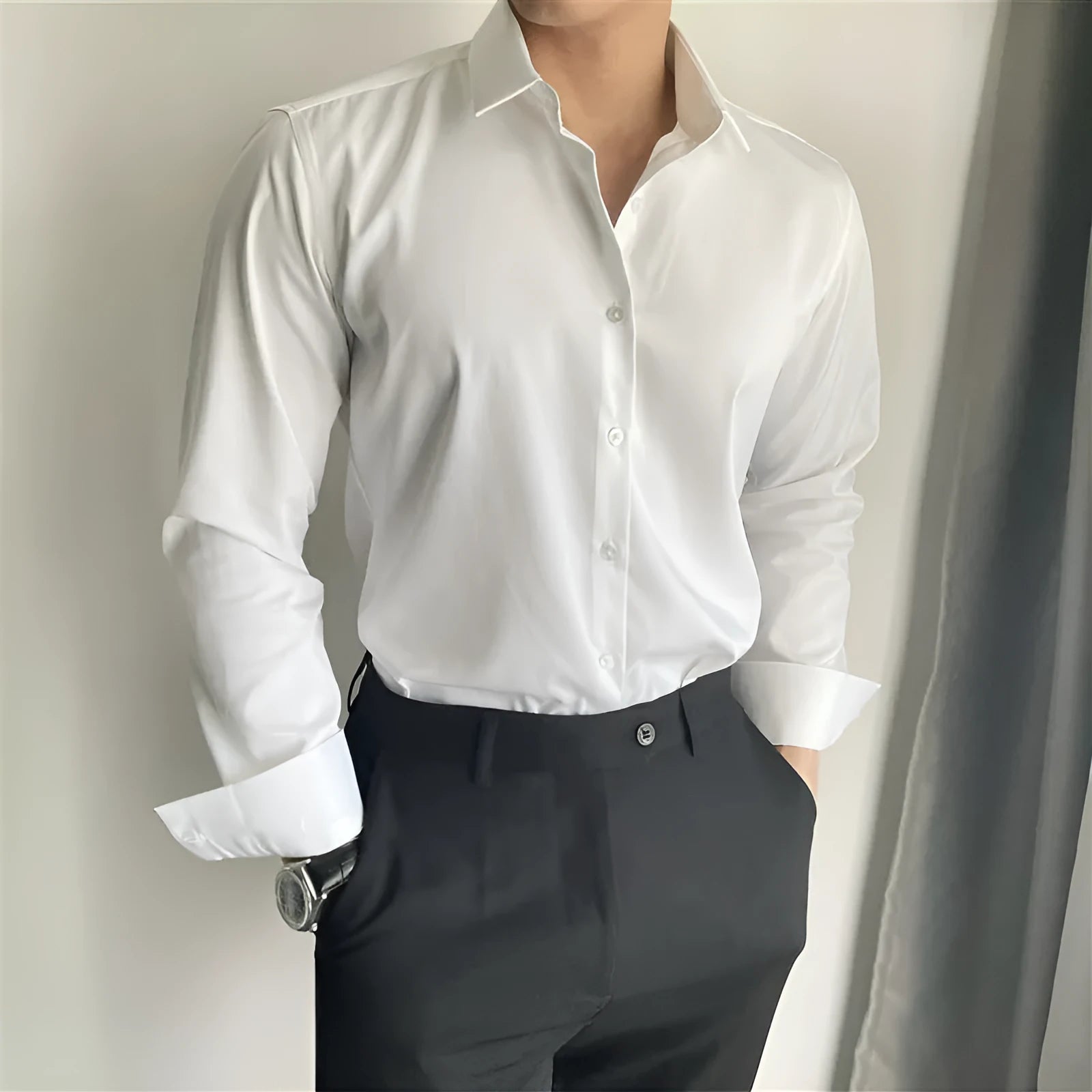 Men's Korean slim fit cardigan-style shirt in solid black, grey, or white.