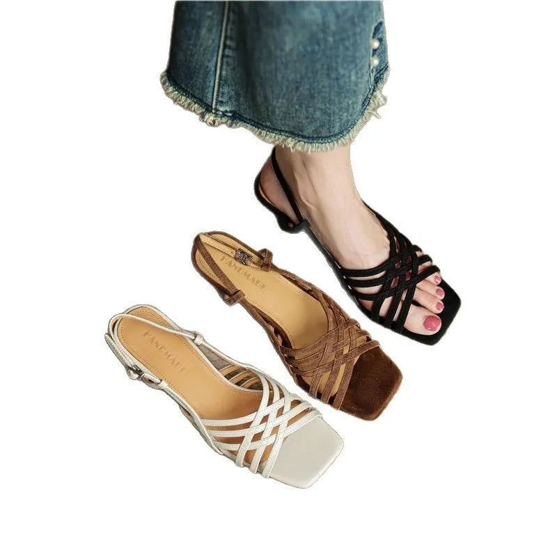 Retro soft leather thin cross straps high heel sandals with square toe and ankle buckle