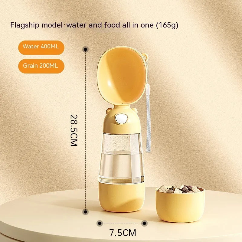Portable dog water bottle and food container with integrated drinking bowl for pet travel