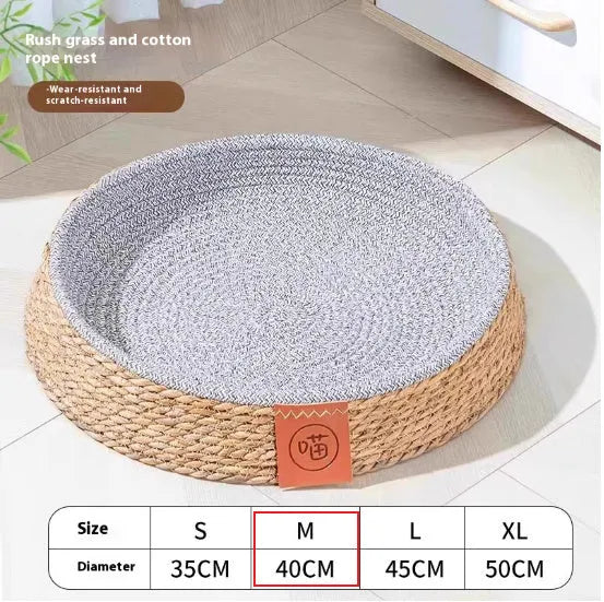 Rattan woven cat bed or nest for pets, shown in a neutral colour, suitable for small to extra-large cats.